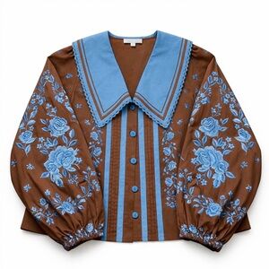 Farm Rio Brown Button-Front Blouse with Blue Floral Print and Sailor Collar M